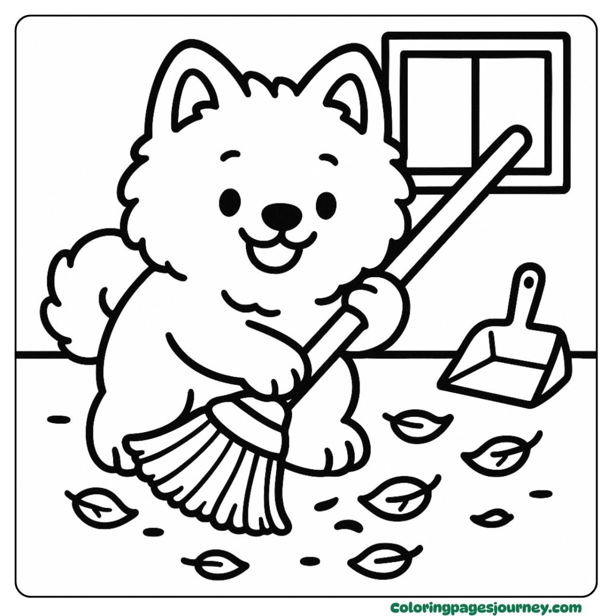 A dog coloring page for kids sweeping leaves A dog coloring page for kids cleaning with a broom