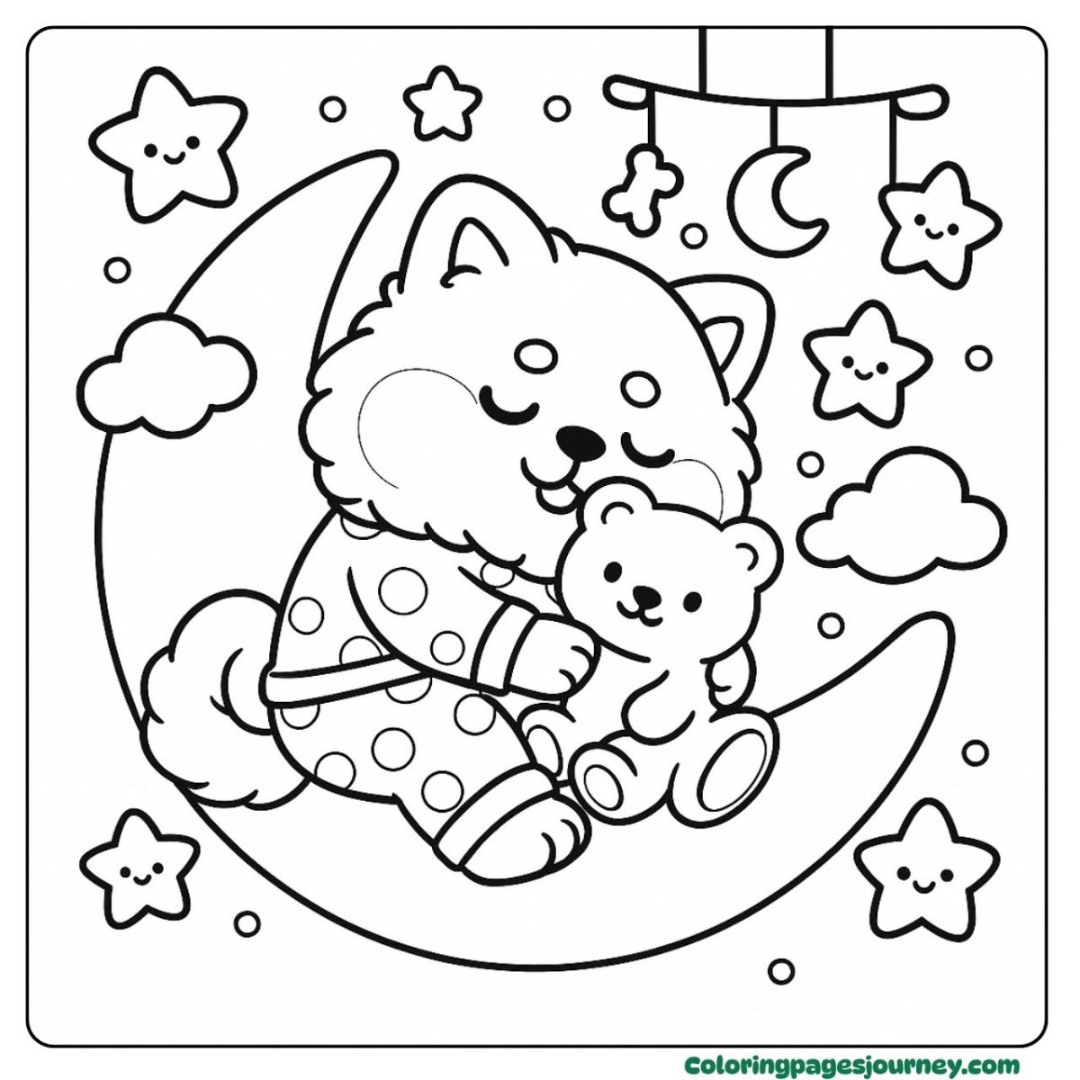 A dog coloring page for kids with bedtime dreams A dog coloring page for kids sleeping on the moon