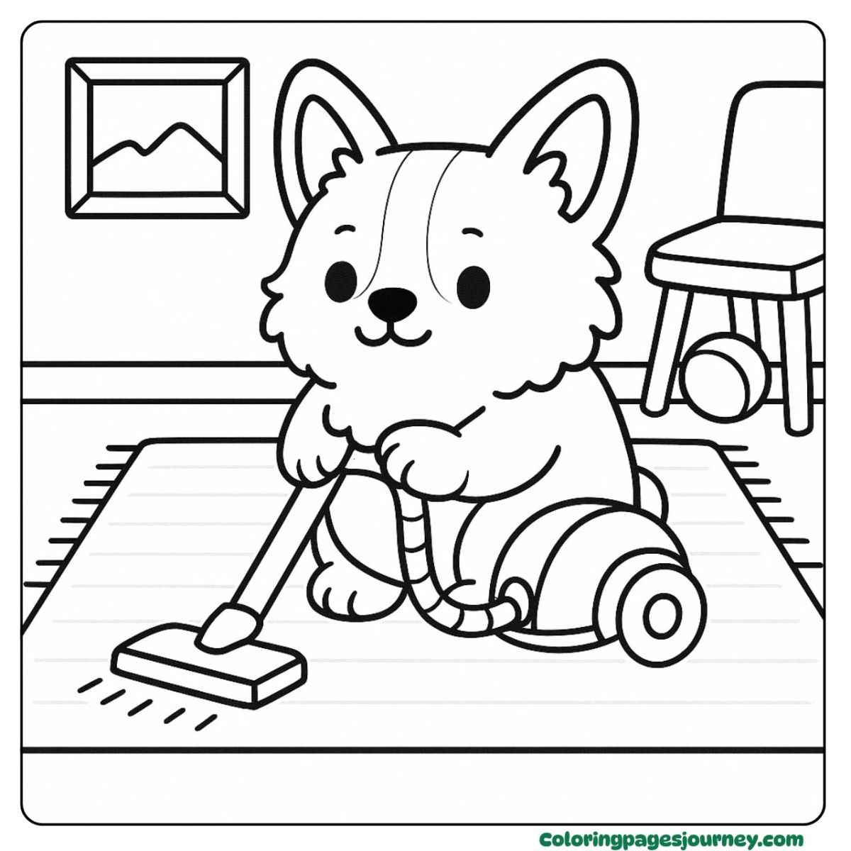 A dog coloring page for kids with vacuuming fun A dog coloring page for kids cleaning the room