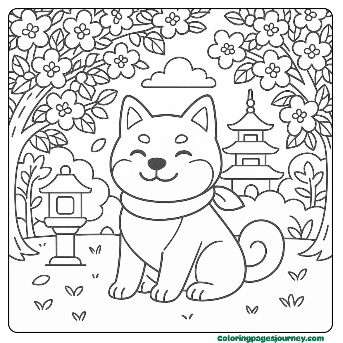 A dog coloring page in a cherry blossom garden A dog coloring page with a dog sitting under cherry trees