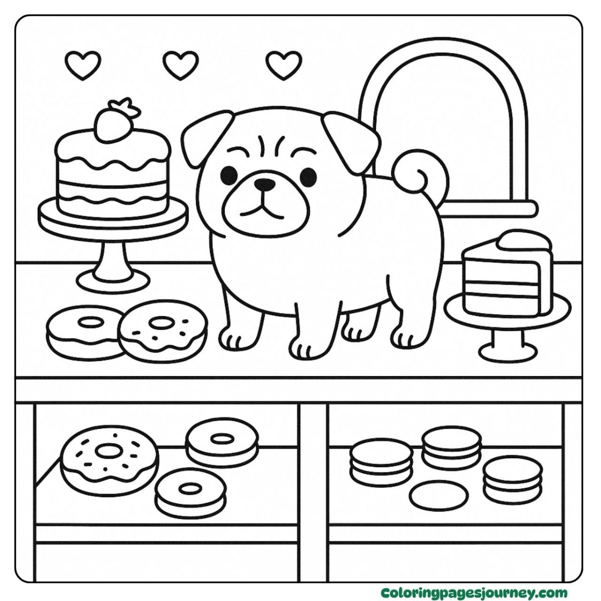 A dog coloring page in a dreamy dessert shop A dog coloring page with a dog surrounded by sweet treats
