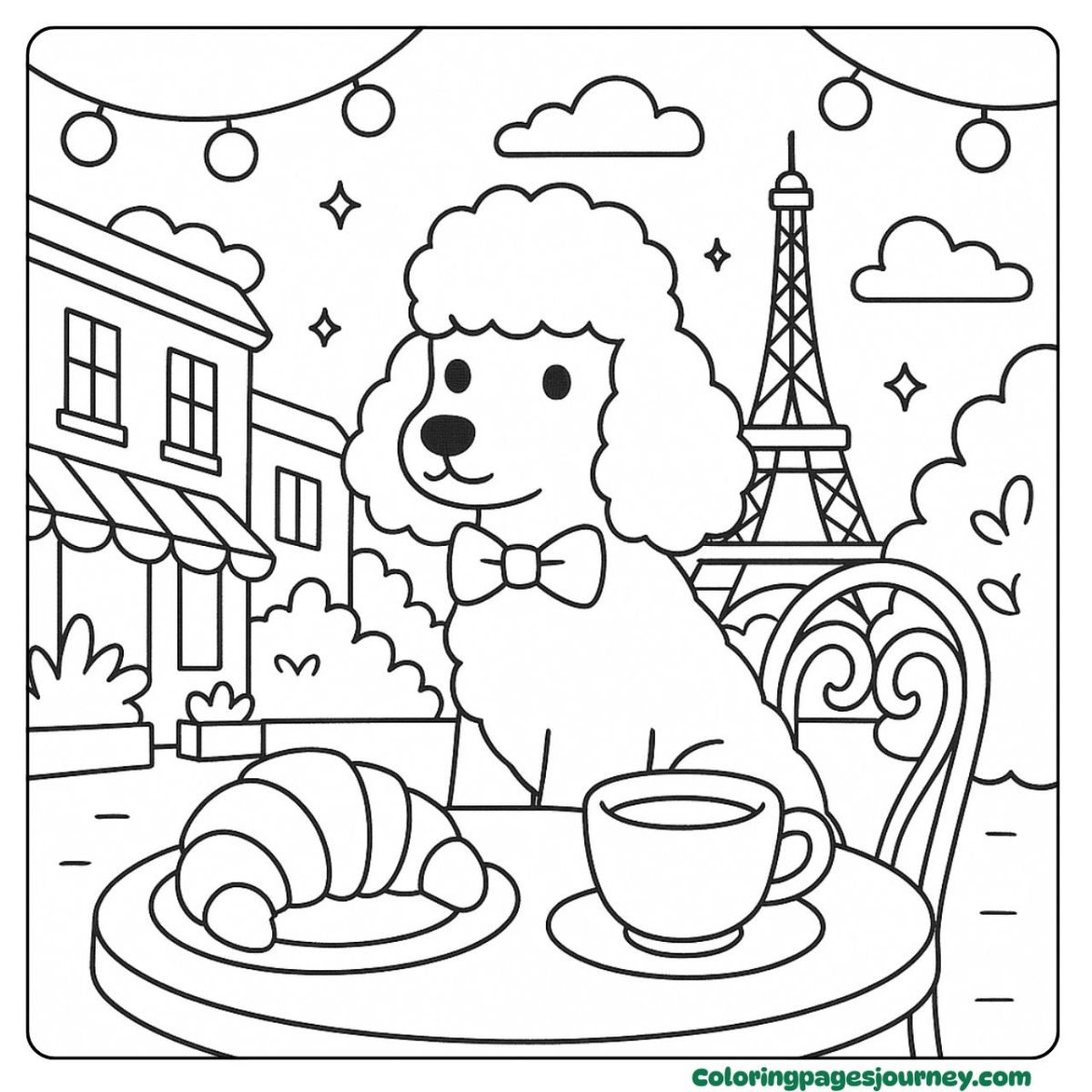 A dog coloring page in a Paris café with croissants A dog coloring page showing a poodle in a Paris café