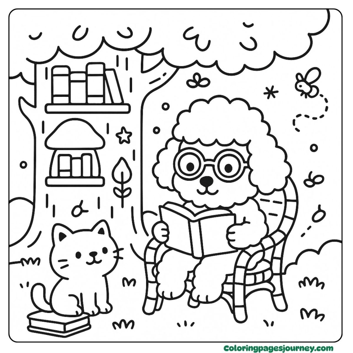A dog coloring page in a peaceful reading garden A dog coloring page with a dog reading under a tree
