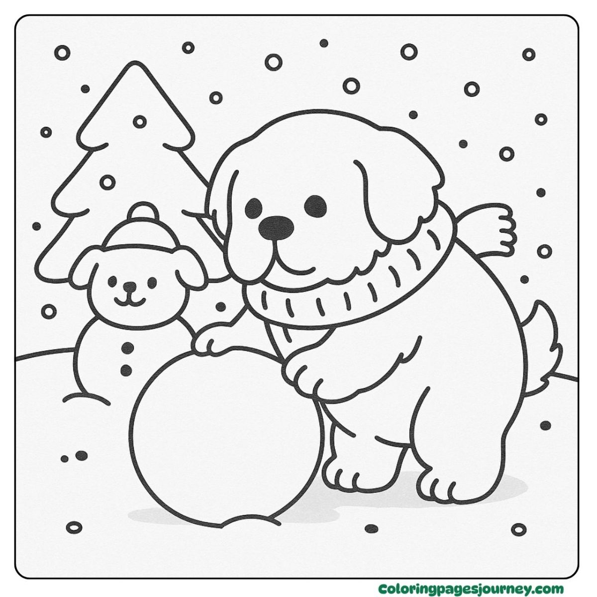 A dog coloring page in winter snow playtime A dog coloring page with a dog building a snowman