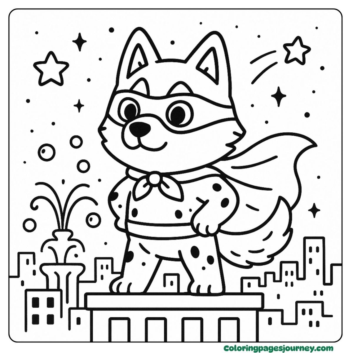 A dog coloring page of a brave superhero dog A dog coloring page featuring a dog superhero on the rooftop
