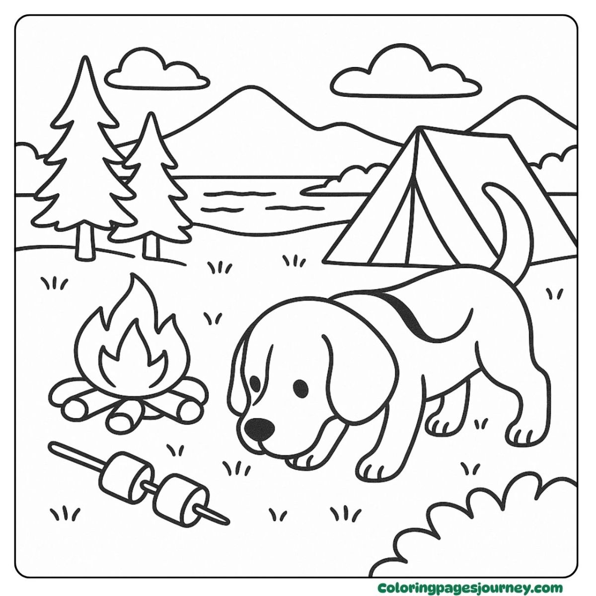 A dog coloring page of camping fun under the stars A dog coloring page with a dog exploring a campsite