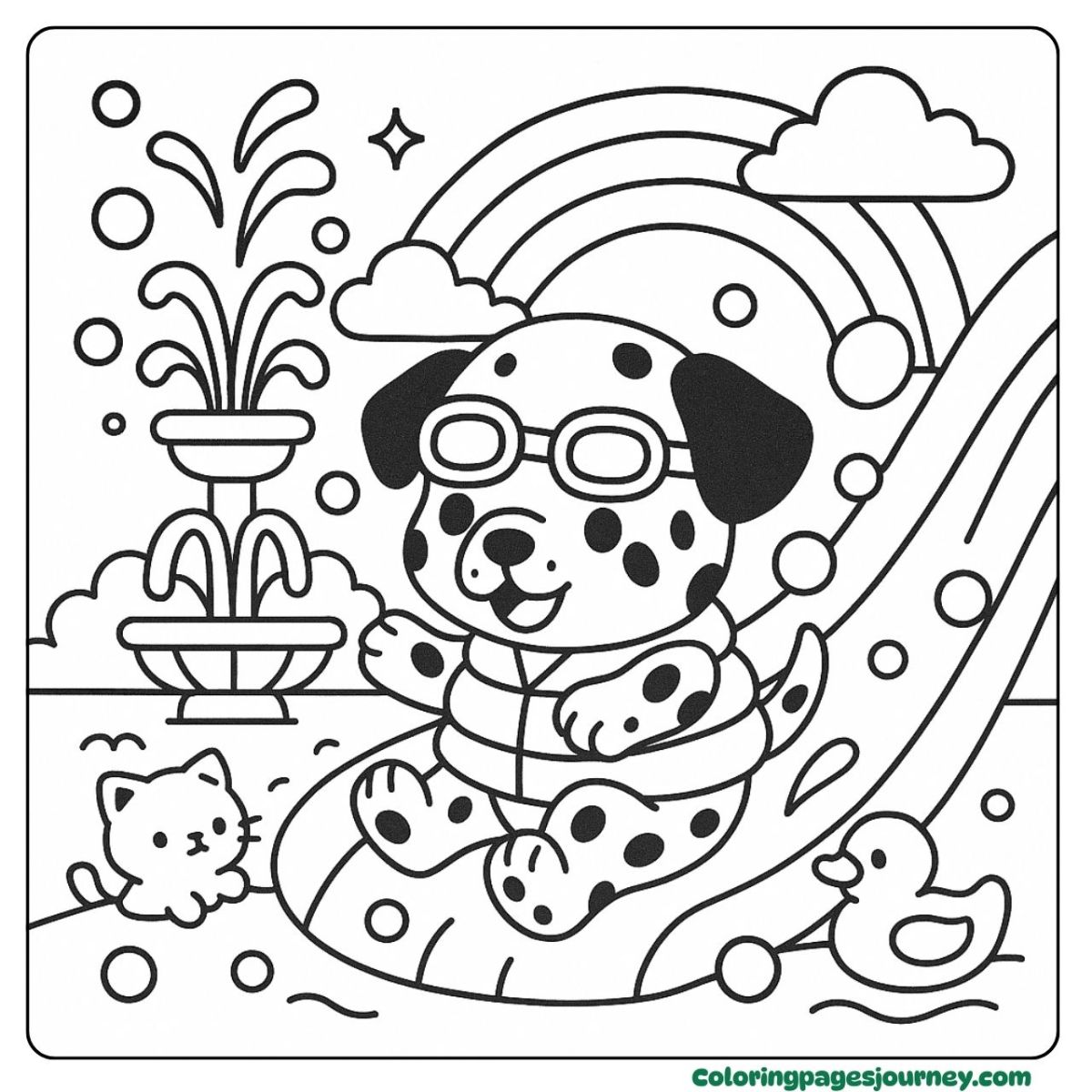 A dog coloring page of poolside fun and water slides A dog coloring page with a Dalmatian sliding into water