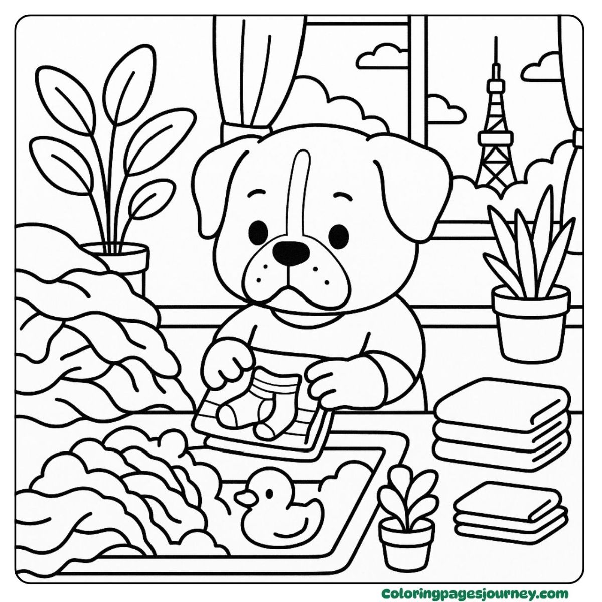 A dog coloring page showing a cute laundry day scene A dog coloring page of a dog folding clothes at home