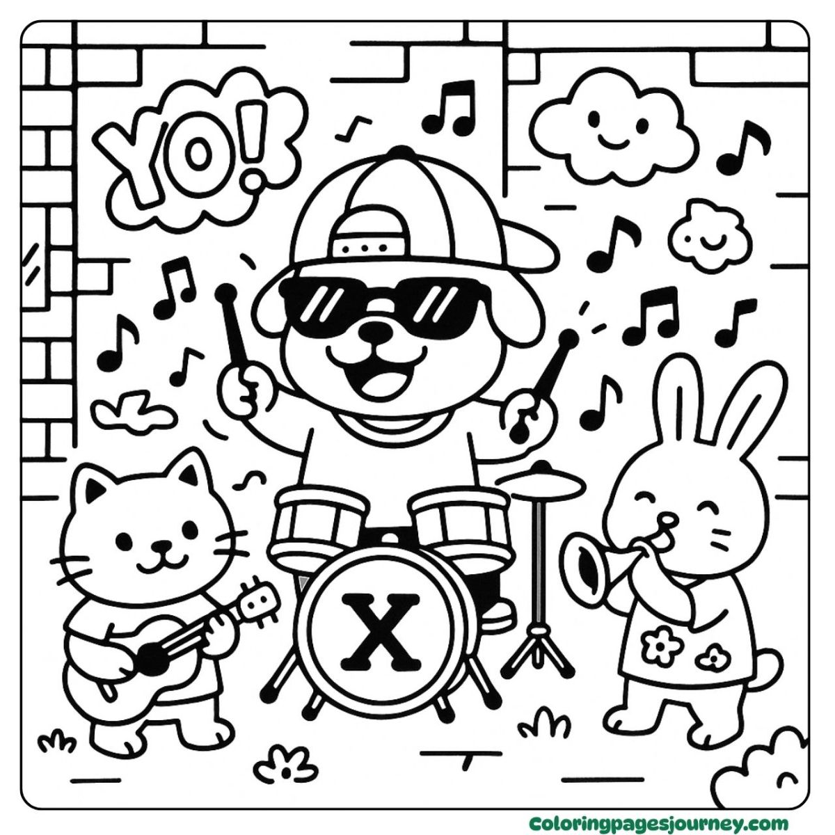 A dog coloring page with a cool dog band performance A dog coloring page featuring a dog and friends in a band