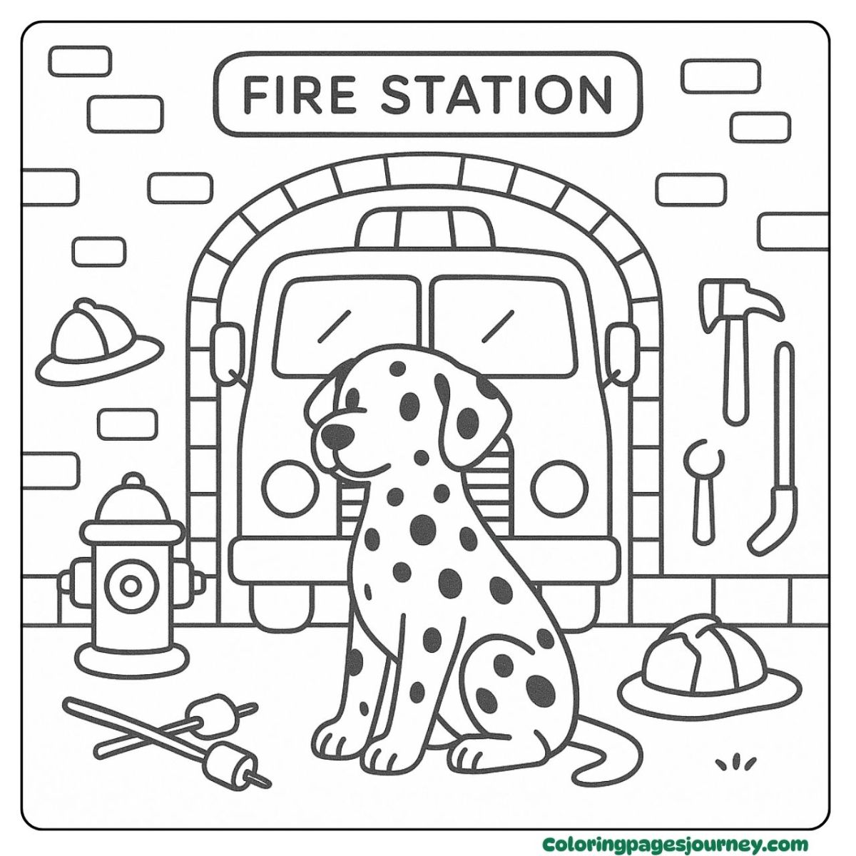 A dog coloring page with a fire station dalmatian A dog coloring page showing a dalmatian at fire station