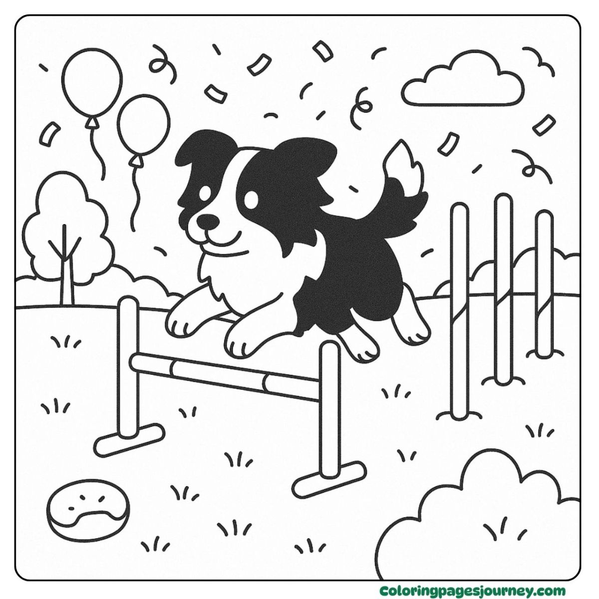 A dog coloring page with a pup jumping over hurdles A dog coloring page with a dog in an obstacle course