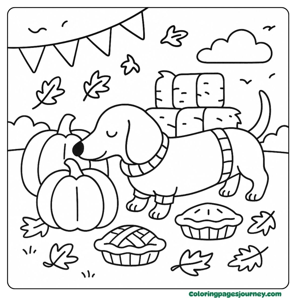 A dog coloring page with autumn pumpkins and pies A dog coloring page of a dachshund with pumpkins and pies