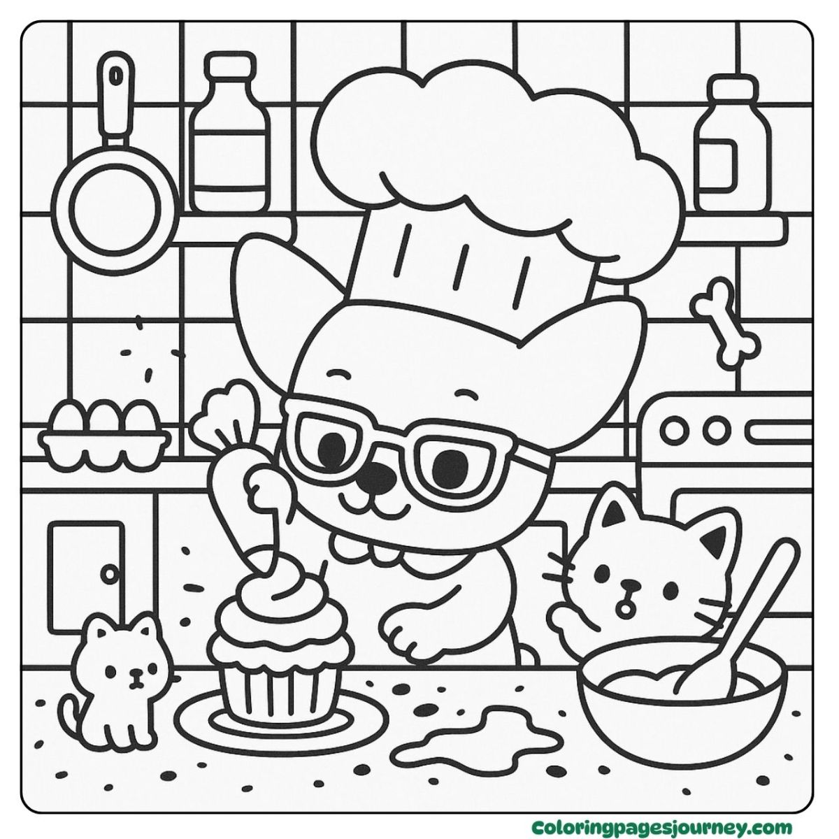 A dog coloring page with baking fun in the kitchen A dog coloring page with a dog baking cupcakes