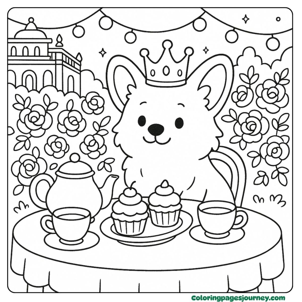 A dog coloring page with royal tea party fun A dog coloring page showing a royal tea party scene