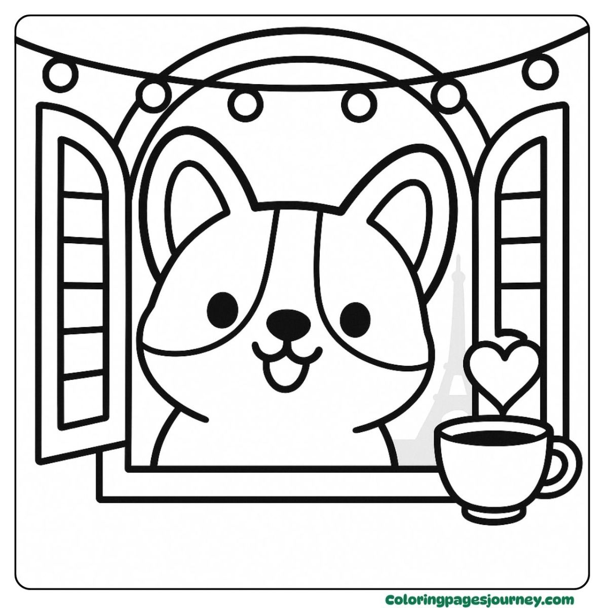 A dog face coloring page with a cozy window view A dog face coloring page featuring a dog near the window
