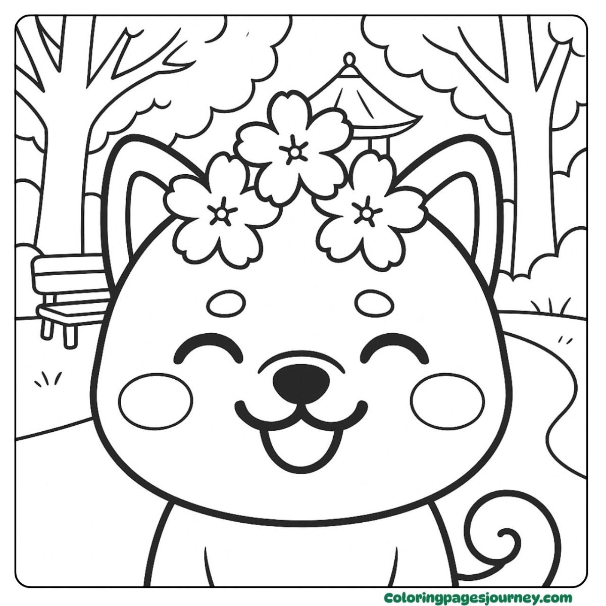 A dog face coloring page with cherry blossoms in the park A dog face coloring page with spring flowers and smile