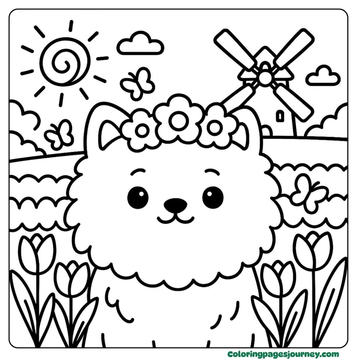 A dog face coloring page with flowers and a sunny field A dog face coloring page in a blooming tulip garden