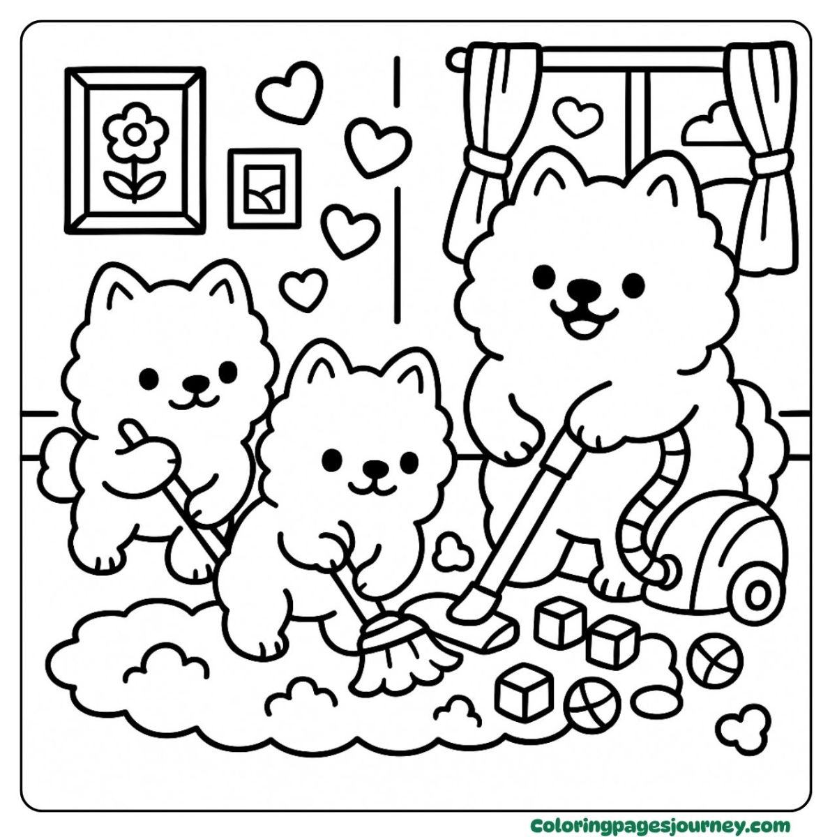 A dog family coloring page cleaning the cozy living room A dog family coloring page with pups cleaning playfully