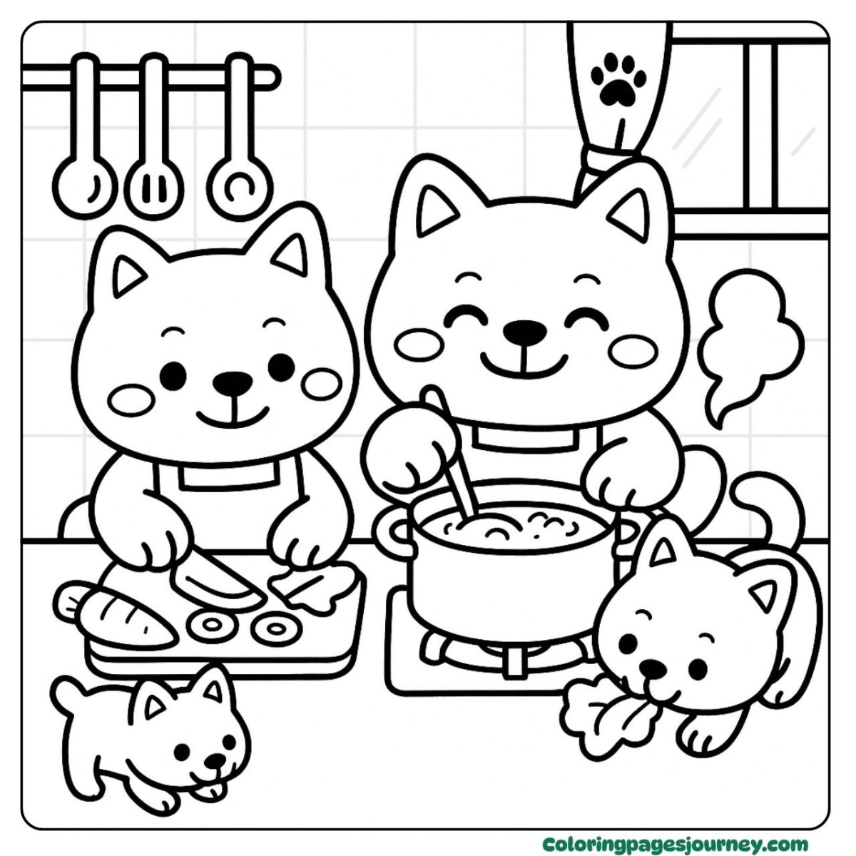 A dog family coloring page cooking together in the kitchen A dog family coloring page with dogs cooking dinner