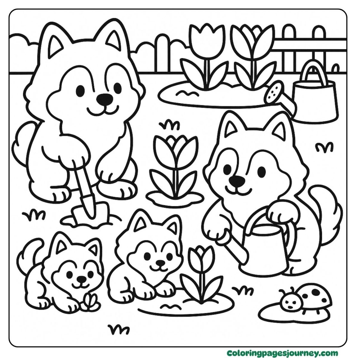 A dog family coloring page planting flowers in the garden A dog family coloring page with puppies gardening