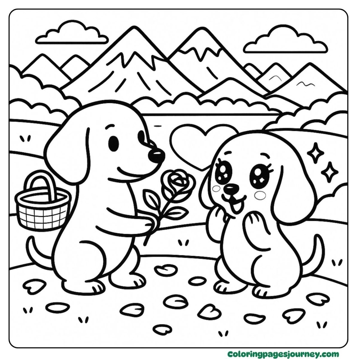 A dog valentine coloring page showing romance in the mountains A dog valentine coloring page with a romantic picnic