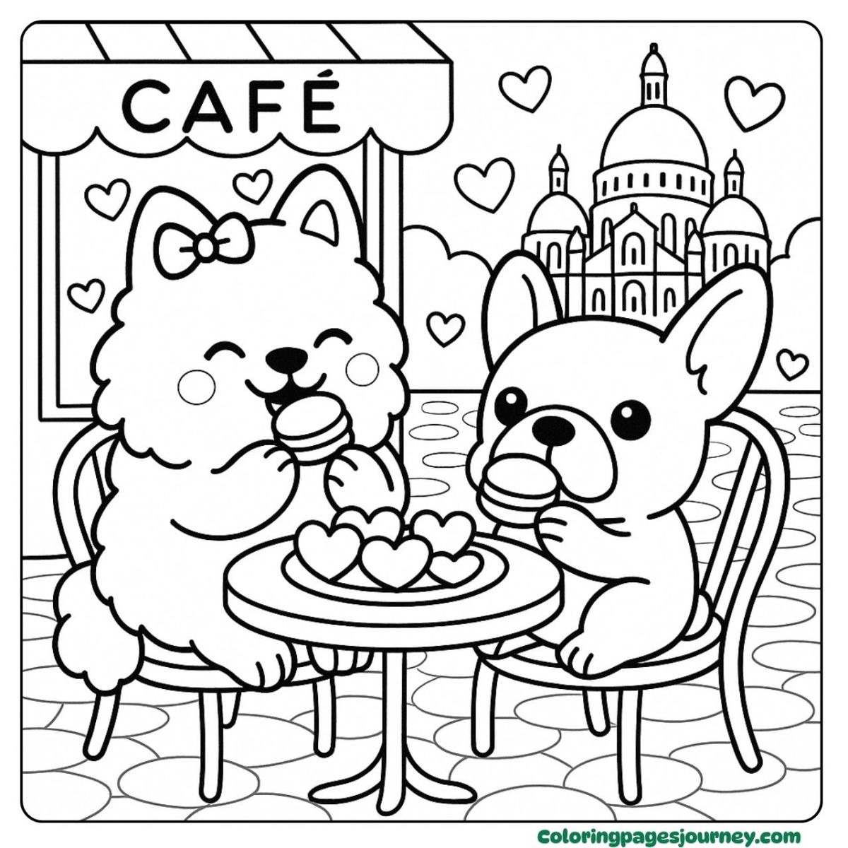 A dog valentine coloring page with café date vibes A dog valentine coloring page featuring a sweet café date