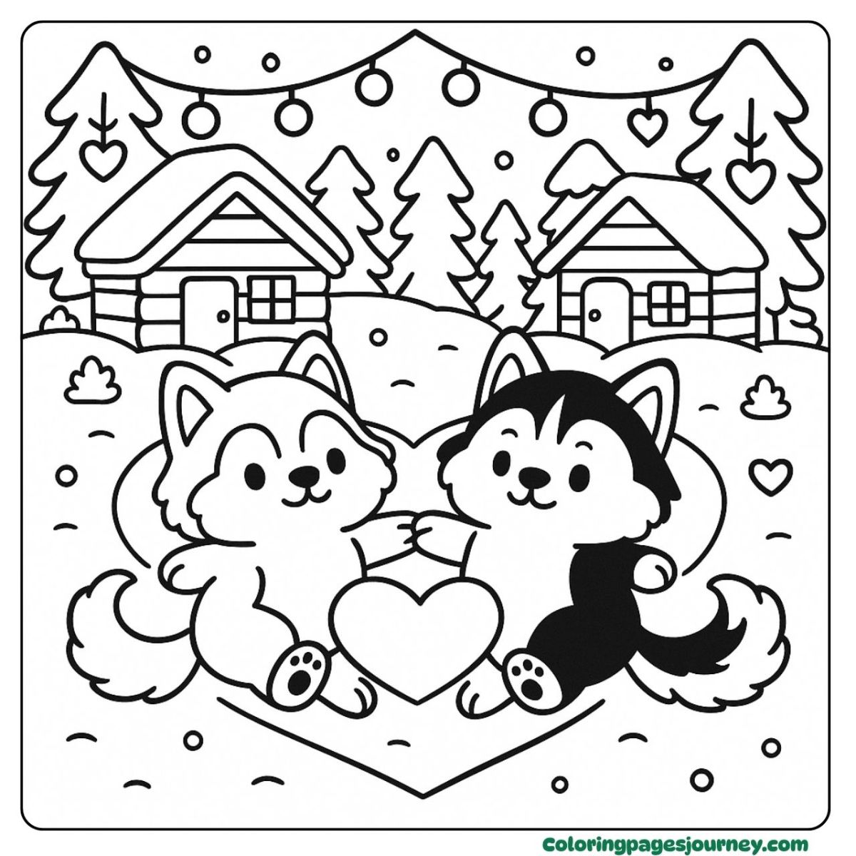A dog valentine coloring page with snowy love cabins A dog valentine coloring page in winter cabins with twinkling lights
