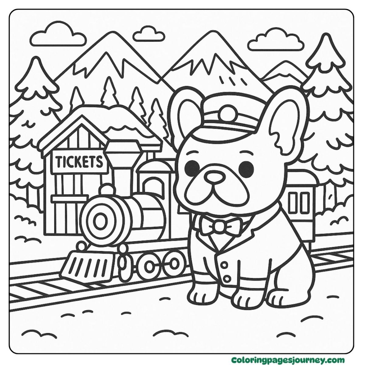 A French Bulldog coloring page as a mountain train conductor A French Bulldog coloring page with train and snowy forest