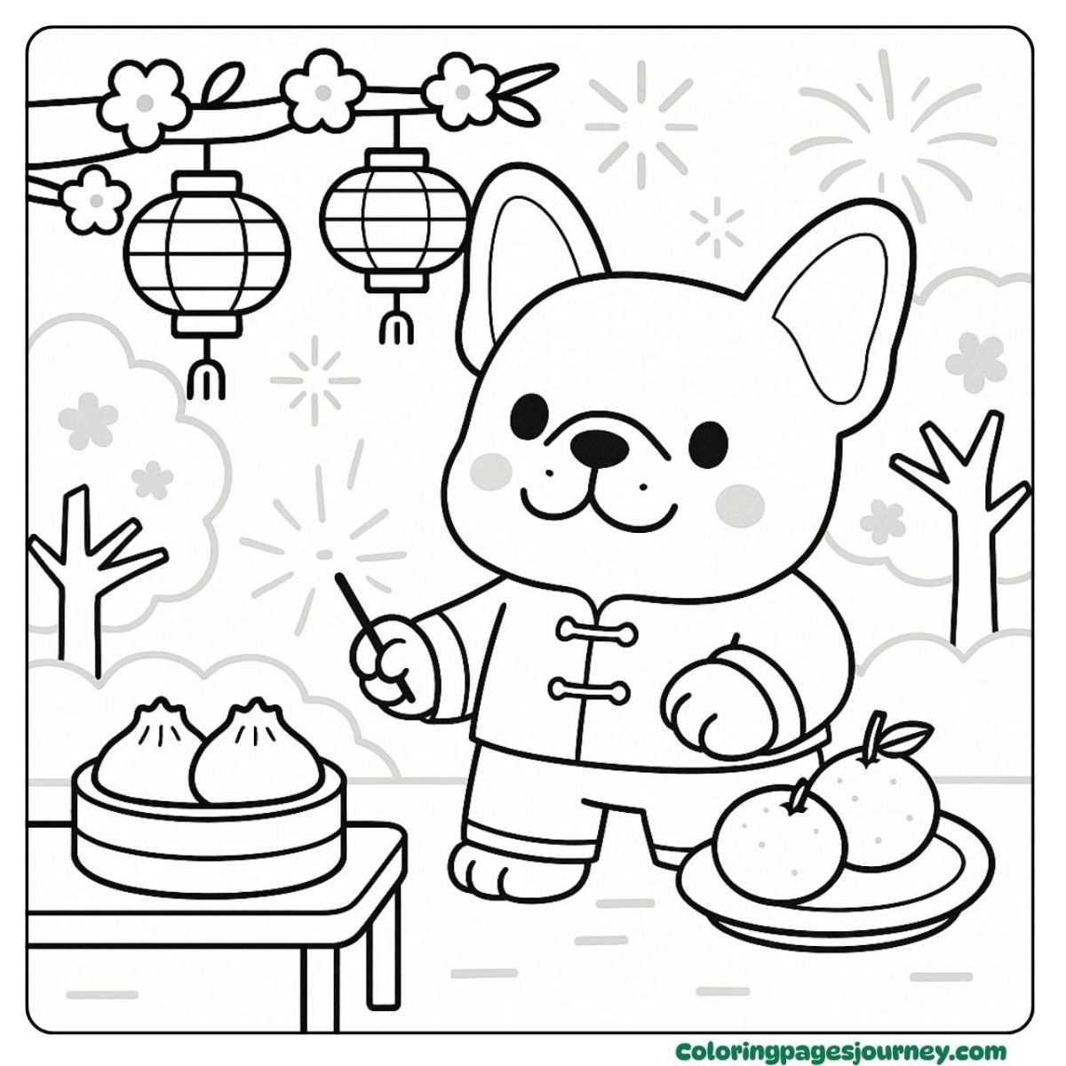 A French Bulldog coloring page at a festive lantern party A French Bulldog coloring page with dumplings and lanterns
