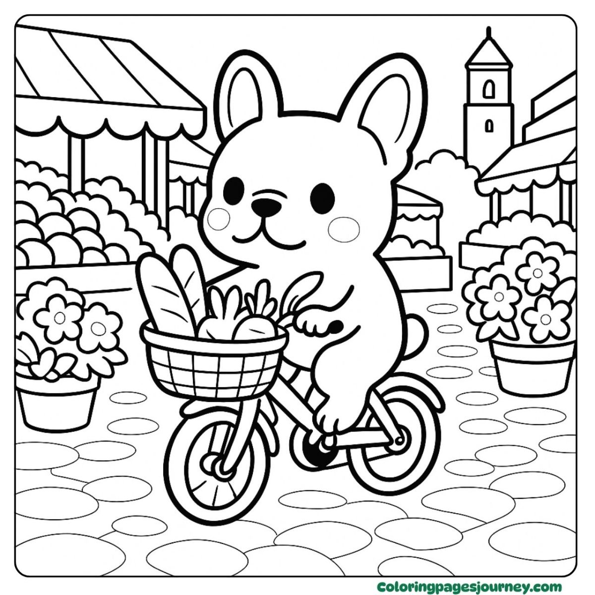 A French Bulldog coloring page biking through the market A French Bulldog coloring page riding a bicycle with veggies