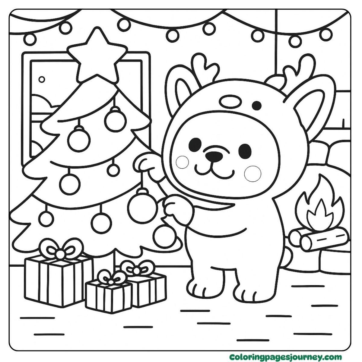 A French Bulldog coloring page decorating a Christmas tree A French Bulldog coloring page in reindeer costume indoors