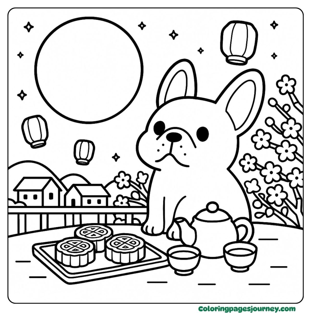 A French Bulldog coloring page enjoying mooncakes and tea A French Bulldog coloring page with full moon and lanterns