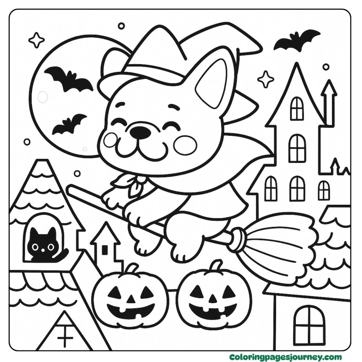 A French Bulldog coloring page flying on a broomstick at Halloween A French Bulldog coloring page with pumpkins and haunted house