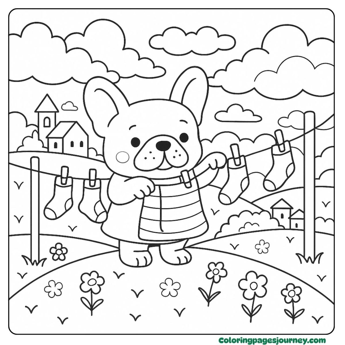 A French Bulldog coloring page hanging laundry in the hills A French Bulldog coloring page with socks on a clothesline