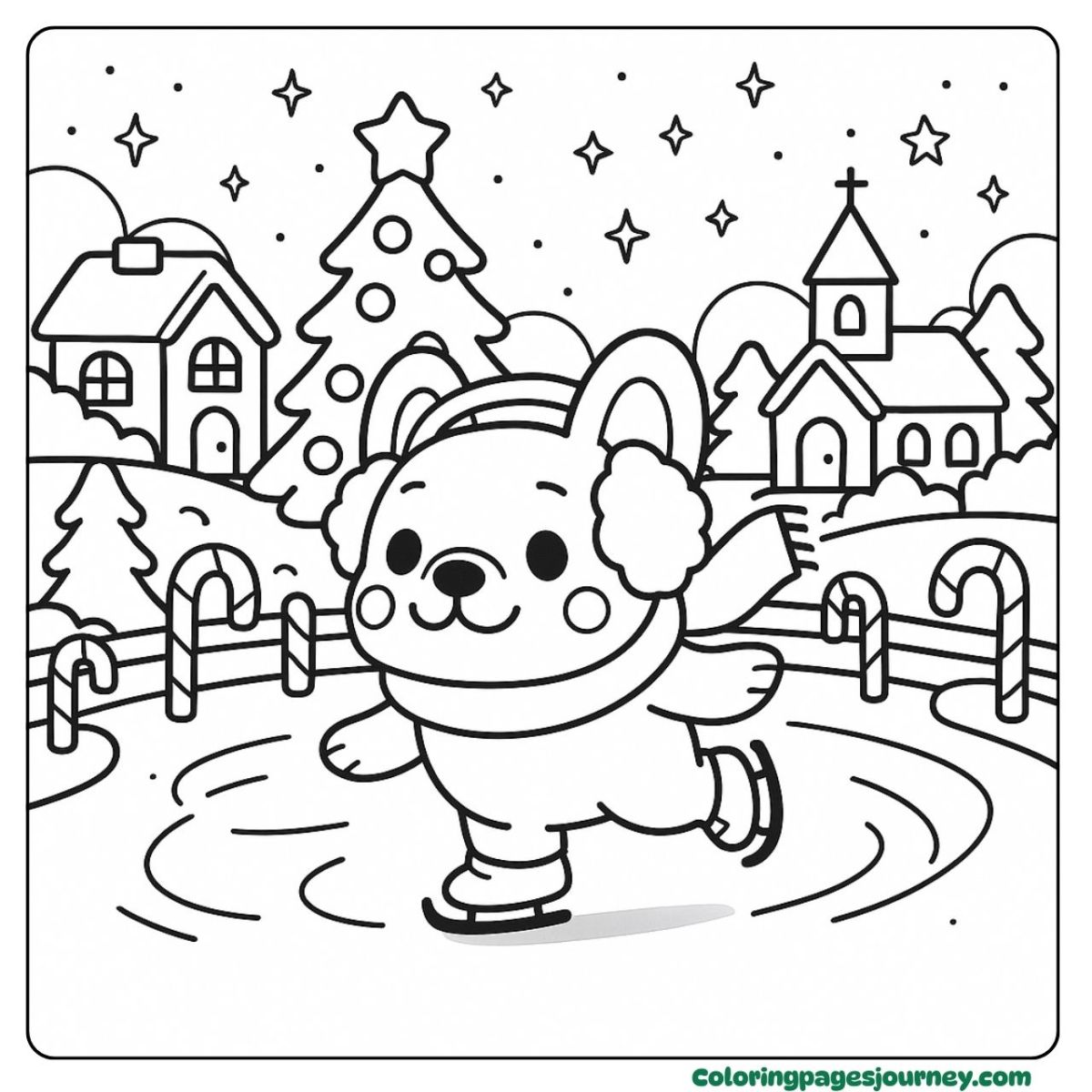 A French Bulldog coloring page ice skating through the village A French Bulldog coloring page skating by trees and candy canes