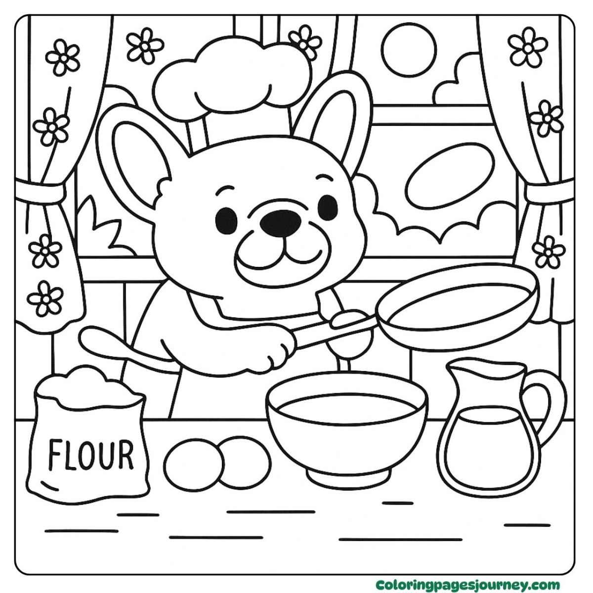 A French Bulldog coloring page making pancakes in the kitchen A French Bulldog coloring page cooking with flour and eggs