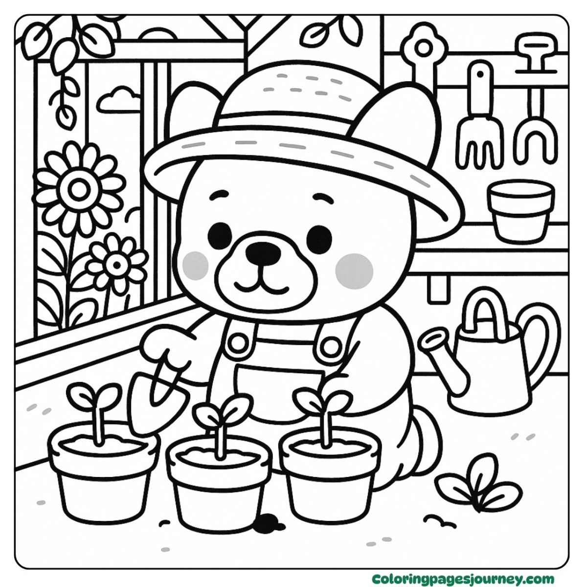 A French Bulldog coloring page planting seedlings in the garden A French Bulldog coloring page gardening with tiny sprouts