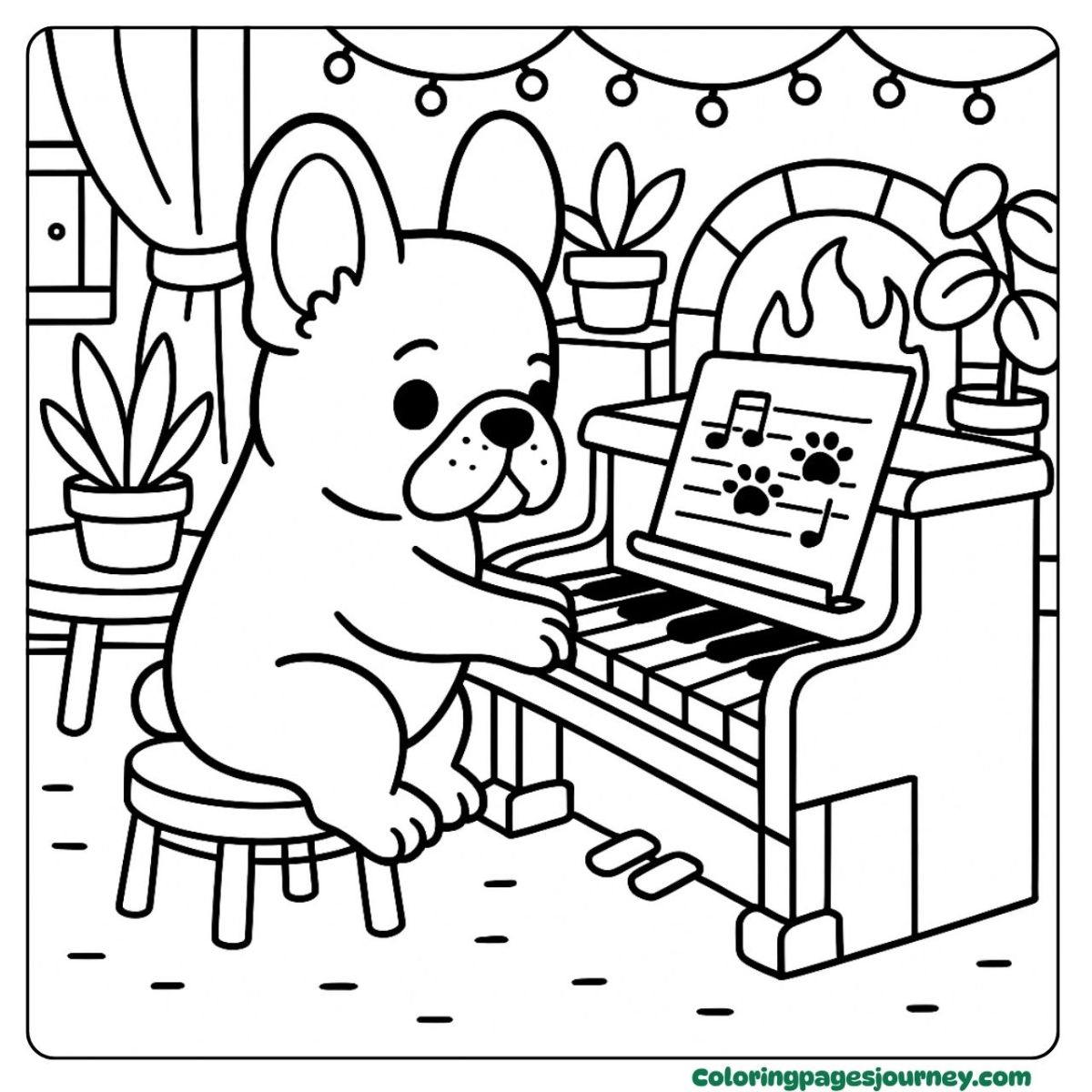 A French Bulldog coloring page playing the piano by the fire A French Bulldog coloring page with music notes and fireplace