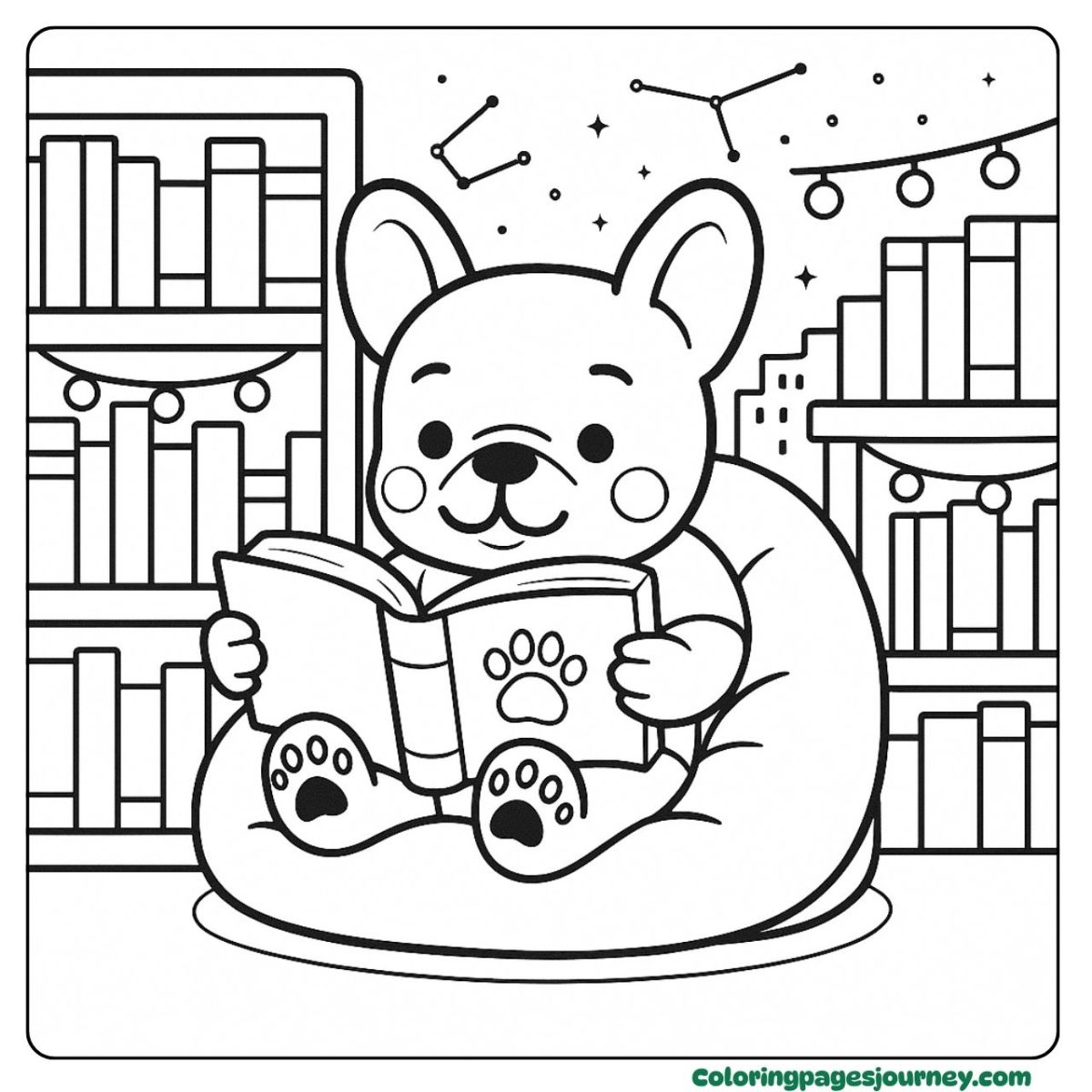 A French Bulldog coloring page reading under the stars A French Bulldog coloring page cozy with books and stars