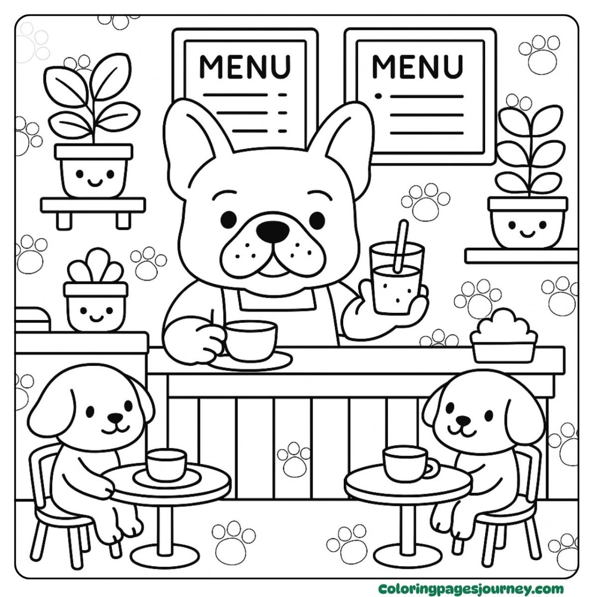 A French Bulldog coloring page running a friendly dog cafe A French Bulldog coloring page barista with smiling guests