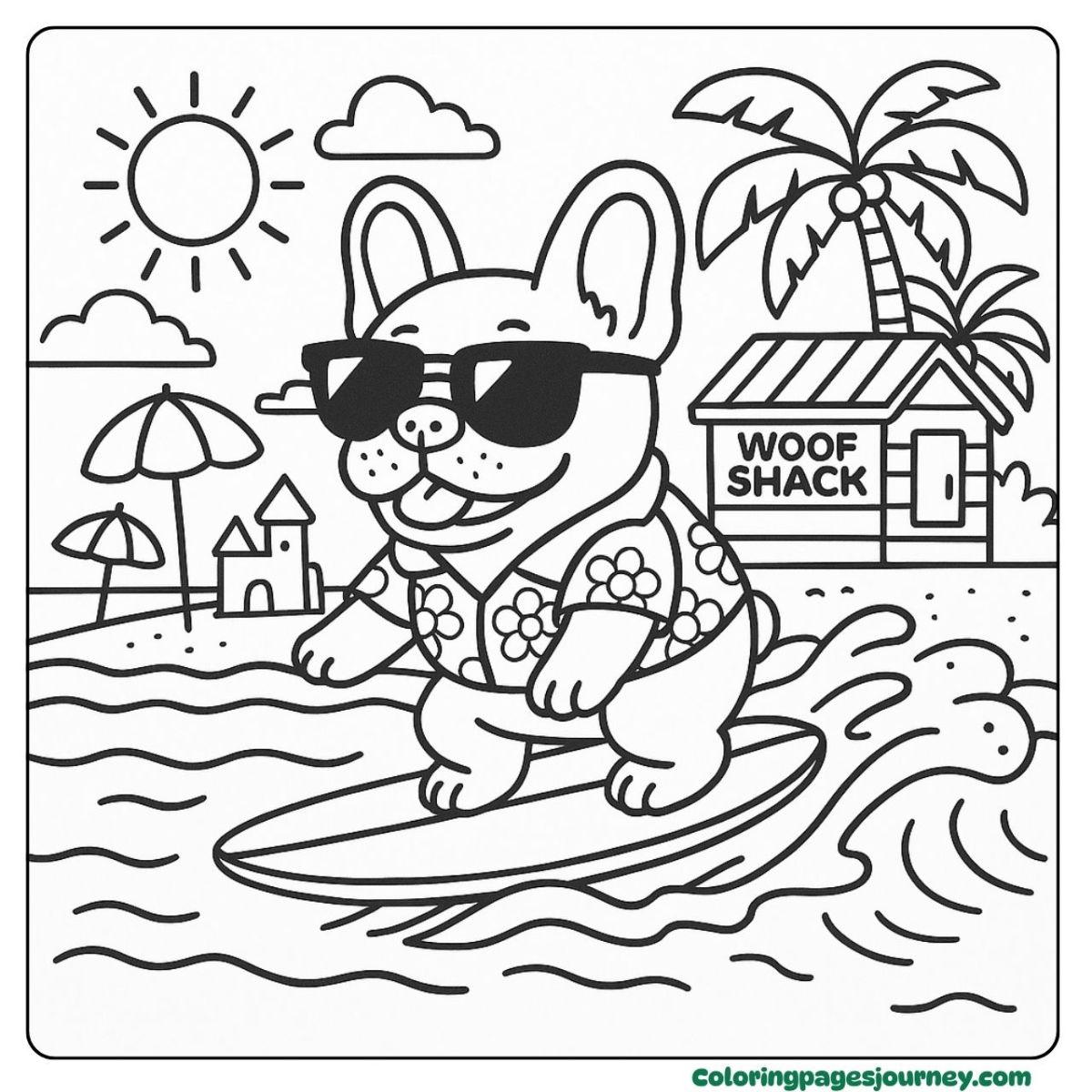 A French Bulldog coloring page surfing at a sunny beach A French Bulldog coloring page riding waves in sunglasses