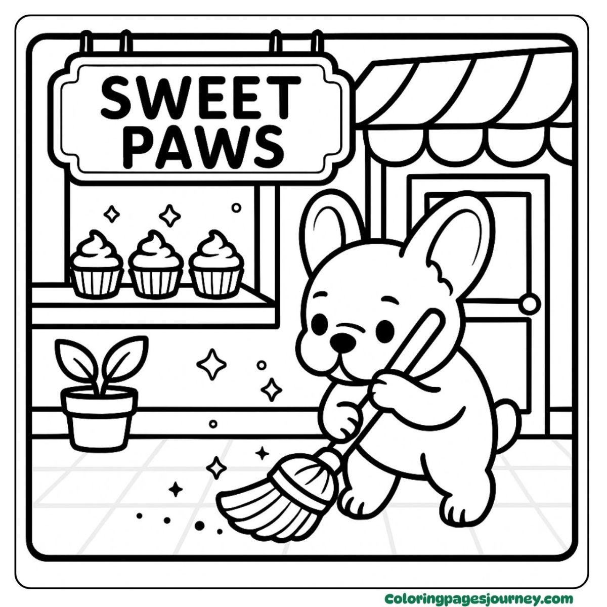A French Bulldog coloring page sweeping in front of a bakery A French Bulldog coloring page tidying up at Sweet Paws shop