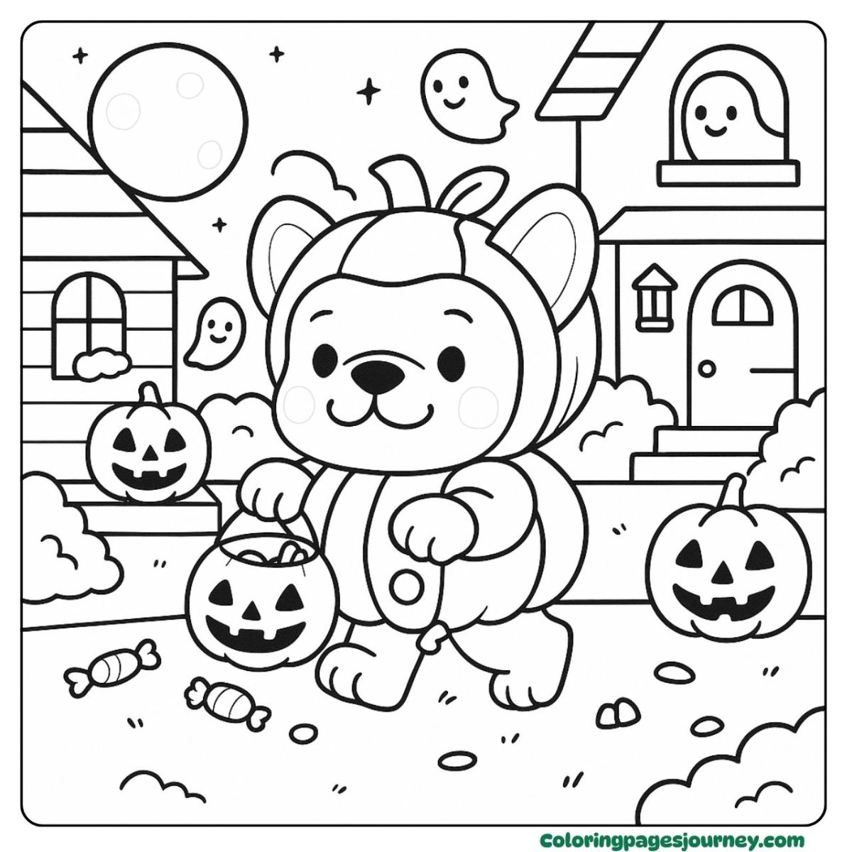 A French Bulldog coloring page trick-or-treating in a pumpkin suit A French Bulldog coloring page in costume with Halloween candy