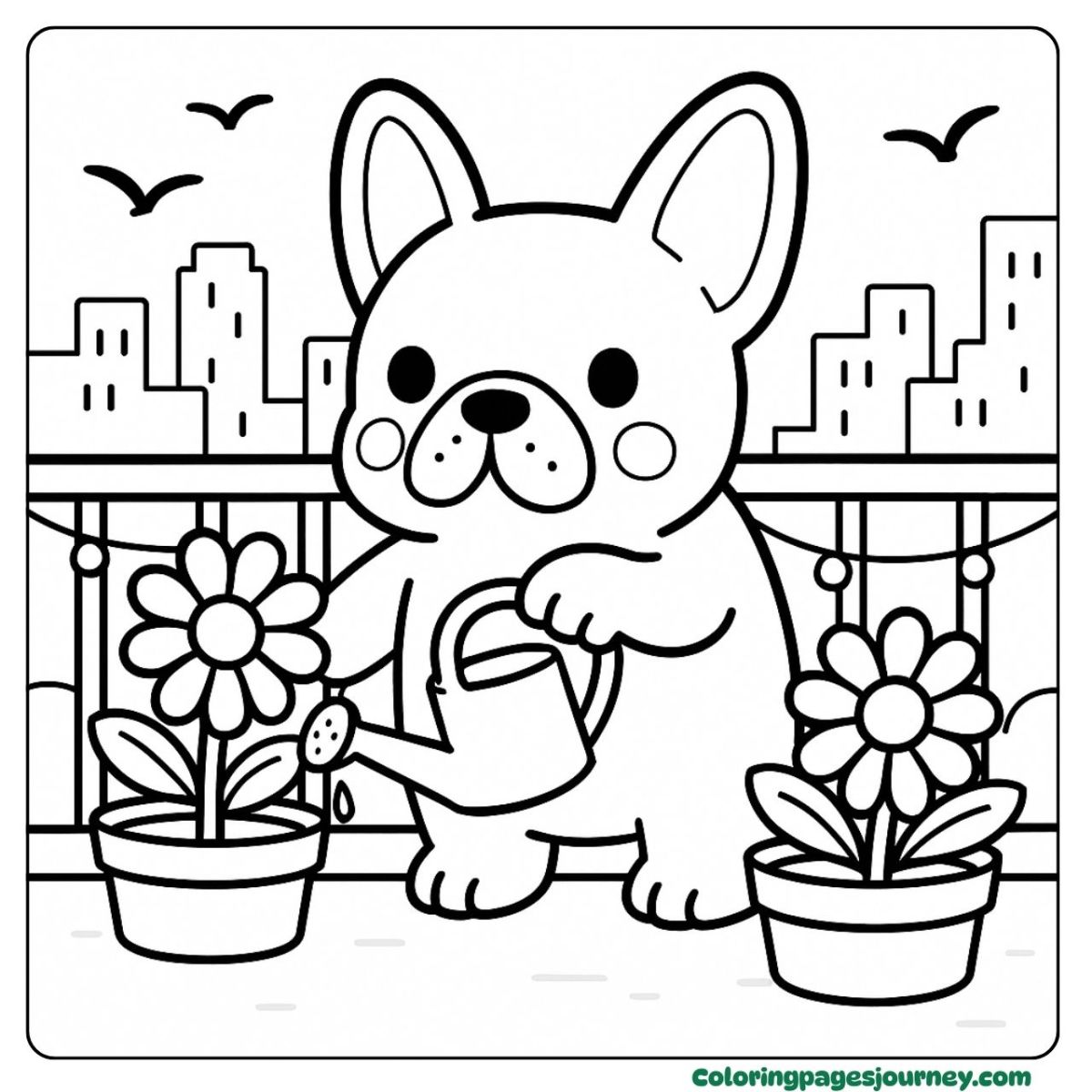 A French Bulldog coloring page watering flowers on a balcony A French Bulldog coloring page with watering can and city view