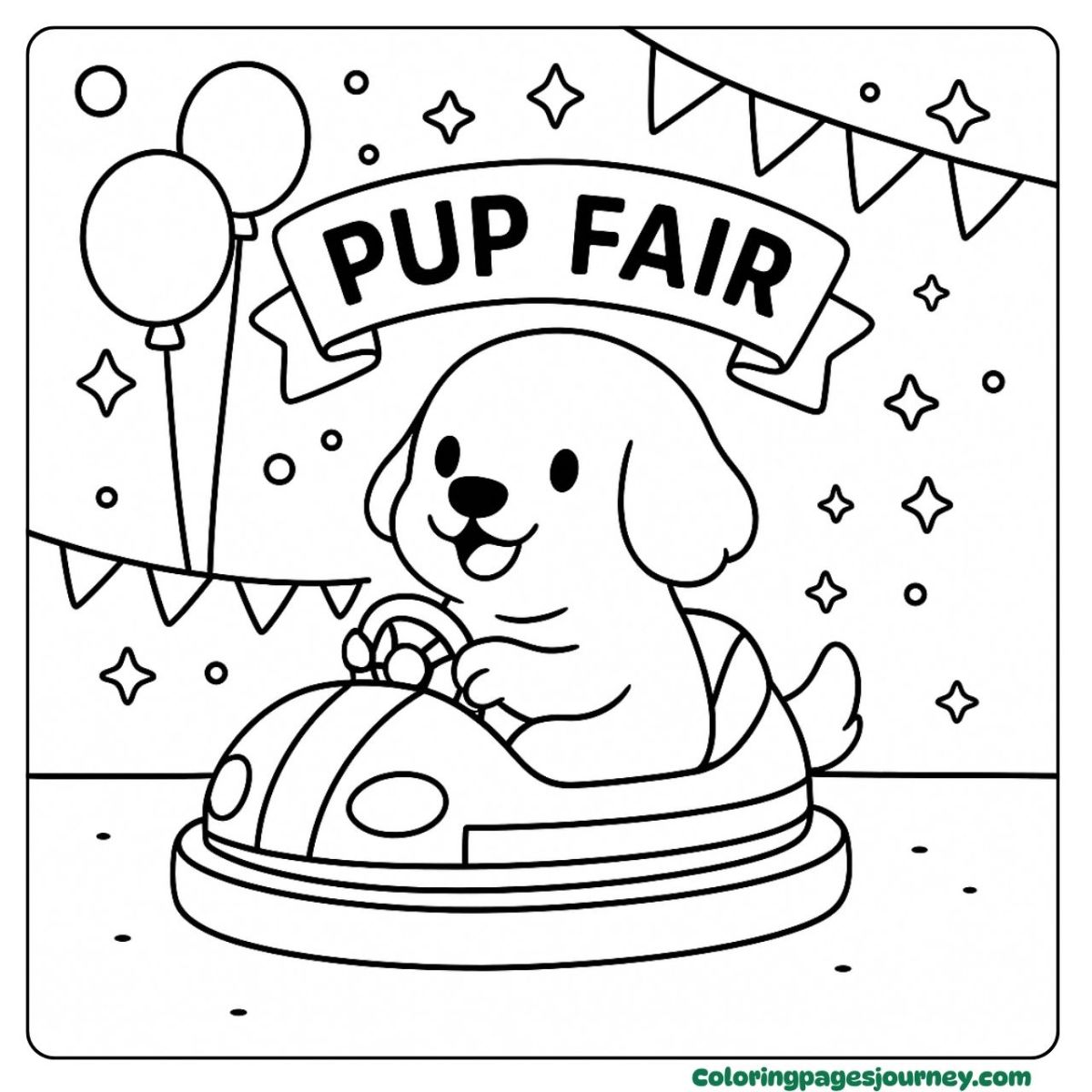 A Golden Retriever coloring page at a joyful pup fair A Golden Retriever coloring page at a carnival ride