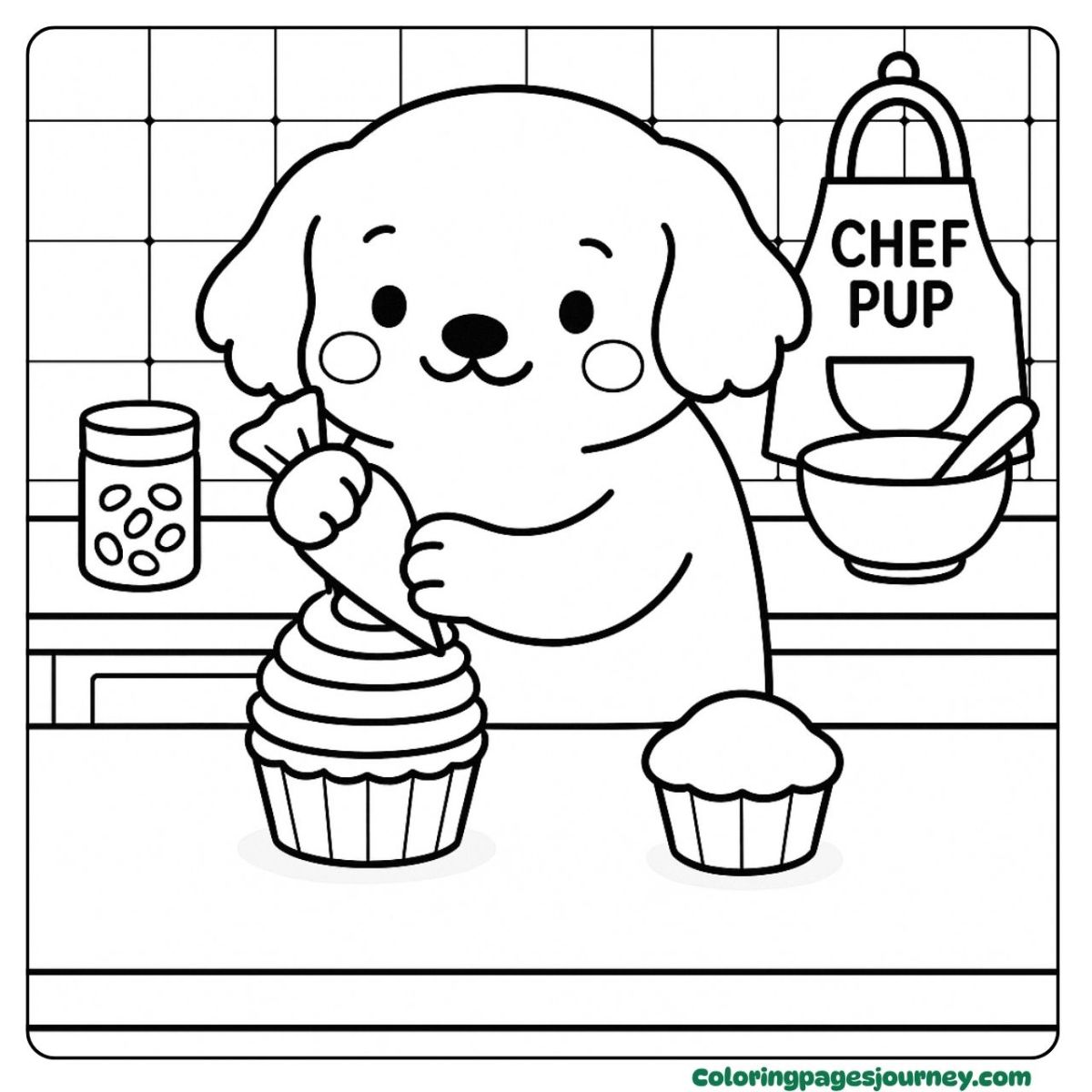 A Golden Retriever coloring page baking sweet cupcakes A Golden Retriever coloring page in kitchen with cupcakes