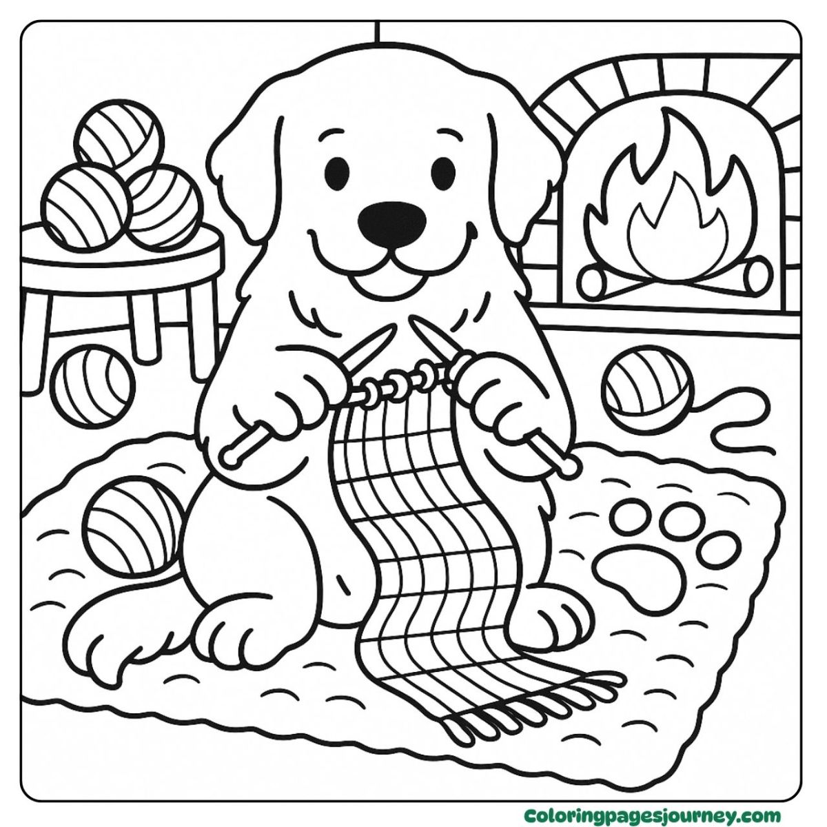 A Golden Retriever coloring page by the warm fireplace A Golden Retriever coloring page knitting by the fire