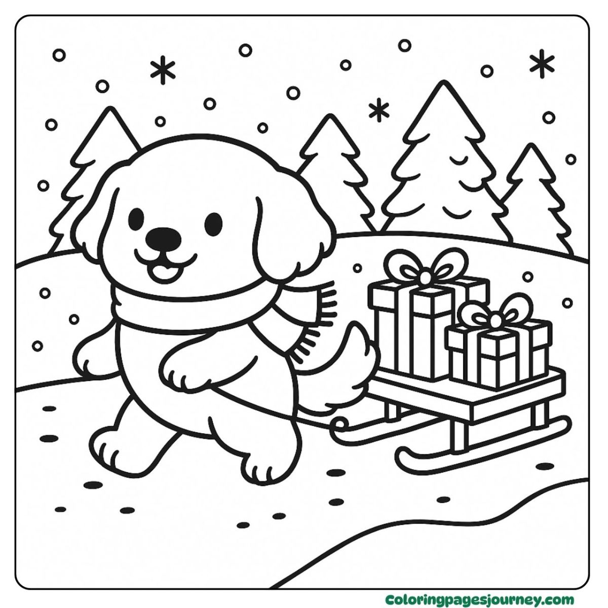 A Golden Retriever coloring page delivering gifts in snow A Golden Retriever coloring page with sled and presents