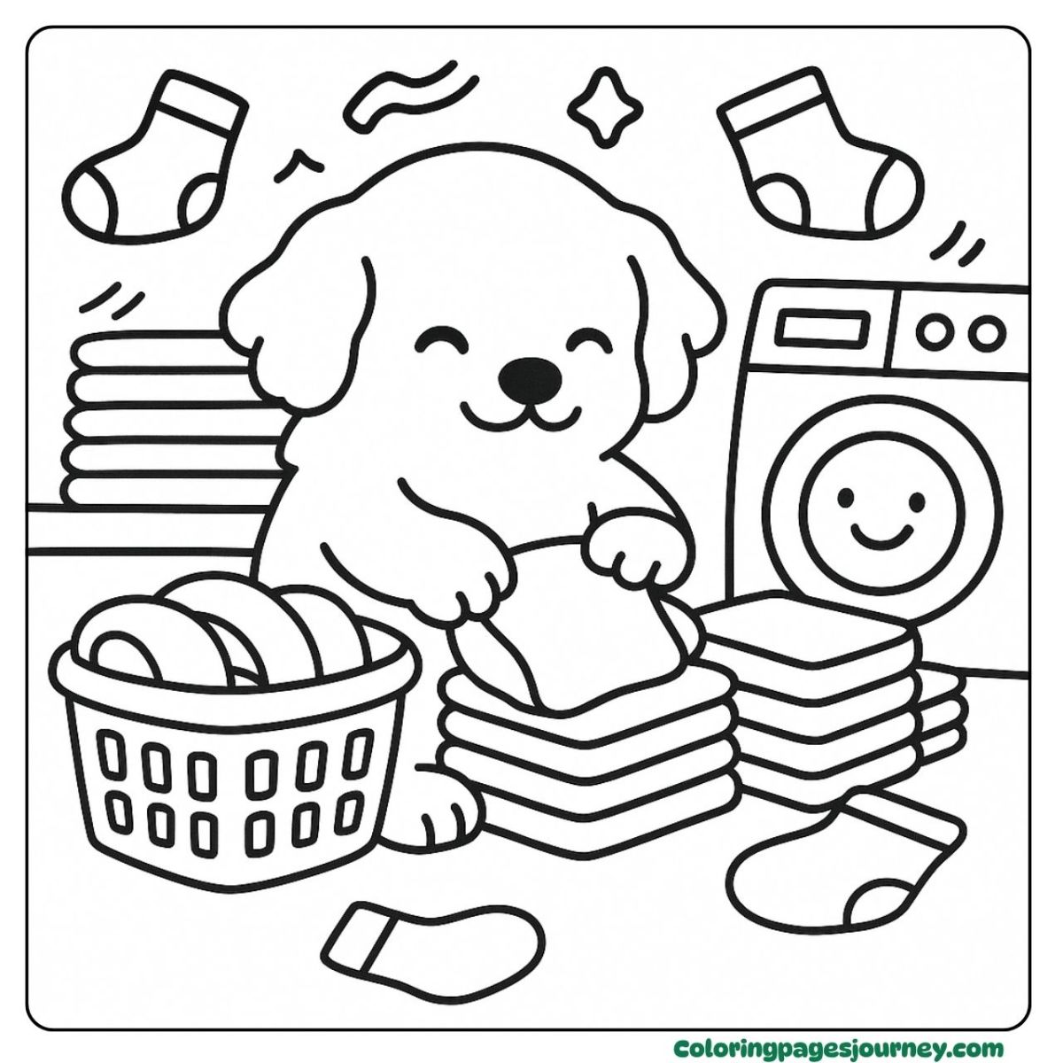 A Golden Retriever coloring page folding fresh laundry A Golden Retriever coloring page with clean clothes and socks