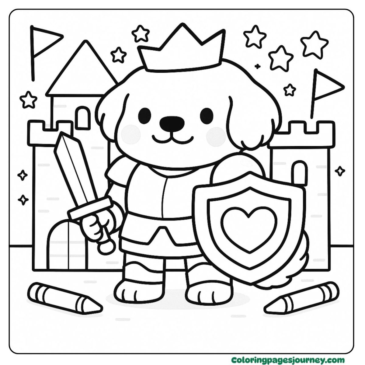 A Golden Retriever coloring page of a brave castle knight A Golden Retriever coloring page dressed as a knight